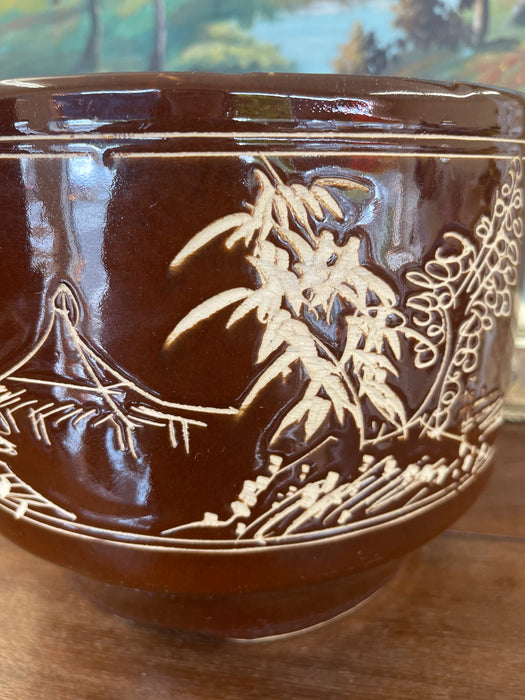 Mid-Century Asian-Inspired Brown Glazed Ceramic Planter with Hand-Carved Landscape Design