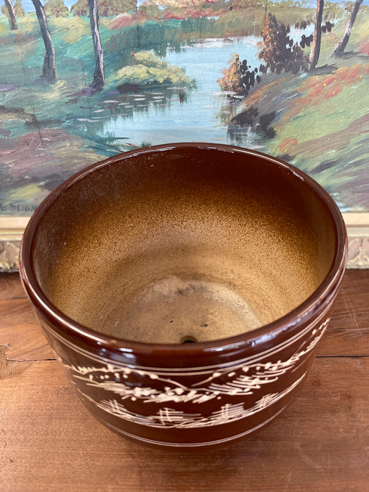 Mid-Century Asian-Inspired Brown Glazed Ceramic Planter with Hand-Carved Landscape Design