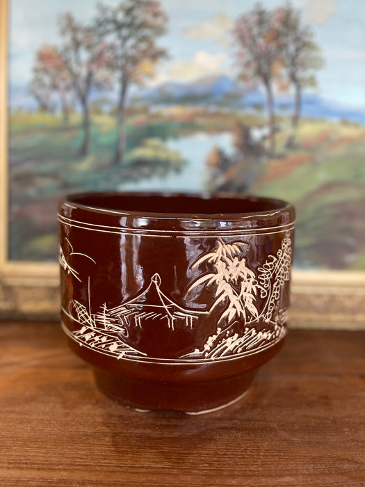 Mid-Century Asian-Inspired Brown Glazed Ceramic Planter with Hand-Carved Landscape Design