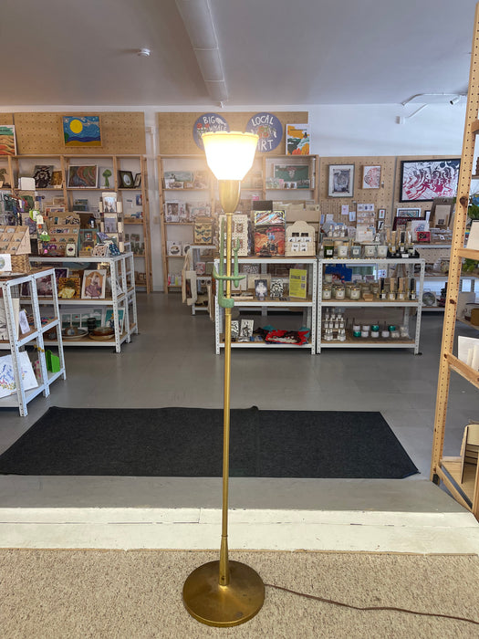 Mid-Century Modern Brass Toned Torchiere Floor Lamp with Sculptural Patinated Metal Accent and Ribbed Glass Diffuser