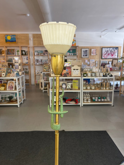 Mid-Century Modern Brass Toned Torchiere Floor Lamp with Sculptural Patinated Metal Accent and Ribbed Glass Diffuser