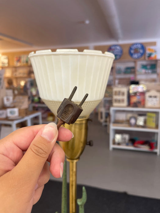 Mid-Century Modern Brass Toned Torchiere Floor Lamp with Sculptural Patinated Metal Accent and Ribbed Glass Diffuser