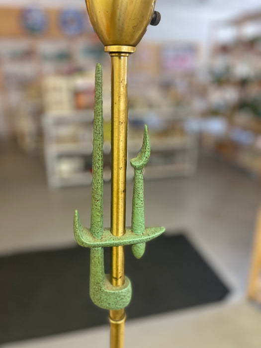 Mid-Century Modern Brass Toned Torchiere Floor Lamp with Sculptural Patinated Metal Accent and Ribbed Glass Diffuser