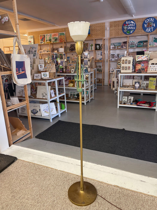 Mid-Century Modern Brass Toned Torchiere Floor Lamp with Sculptural Patinated Metal Accent and Ribbed Glass Diffuser