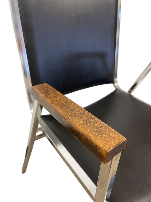 Mid-Century Modern Chrome and Faux Leather Armchair with Wood Armrests, 1970s
