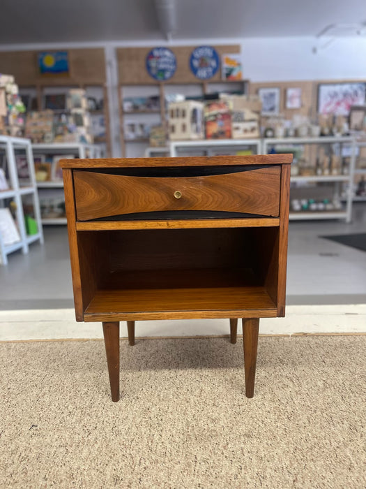 Mid-Century Modern Possibly Walnut Nightstand with Curved Drawer Front, Open Shelf, and Tapered Legs