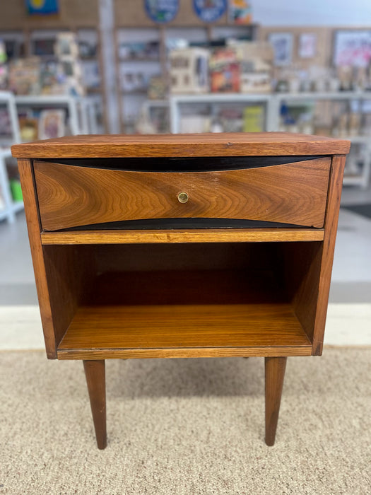 Mid-Century Modern Possibly Walnut Nightstand with Curved Drawer Front, Open Shelf, and Tapered Legs