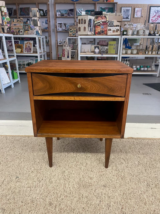 Mid-Century Modern Possibly Walnut Nightstand with Curved Drawer Front, Open Shelf, and Tapered Legs