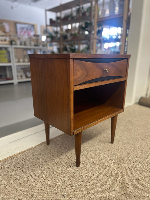 Mid-Century Modern Possibly Walnut Nightstand with Curved Drawer Front, Open Shelf, and Tapered Legs