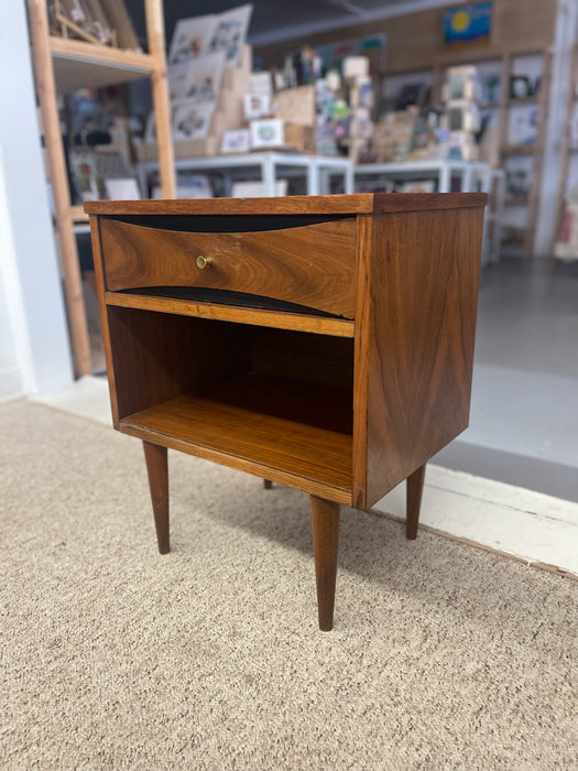 Mid-Century Modern Possibly Walnut Nightstand with Curved Drawer Front, Open Shelf, and Tapered Legs