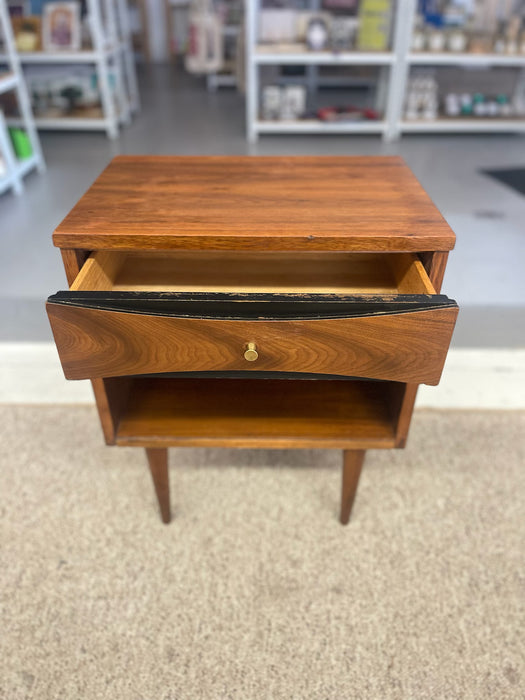 Mid-Century Modern Possibly Walnut Nightstand with Curved Drawer Front, Open Shelf, and Tapered Legs
