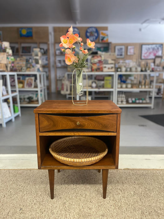 Mid-Century Modern Possibly Walnut Nightstand with Curved Drawer Front, Open Shelf, and Tapered Legs
