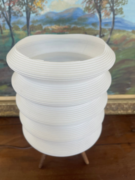 Mid-Century Modern Space-Age White Ribbed Lantern Table Lamp on Wood Tripod Base, Possibly 1960s Scandinavian Design
