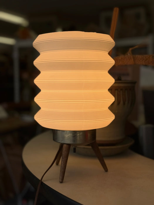 Mid-Century Modern Space-Age White Ribbed Lantern Table Lamp on Wood Tripod Base, Possibly 1960s Scandinavian Design