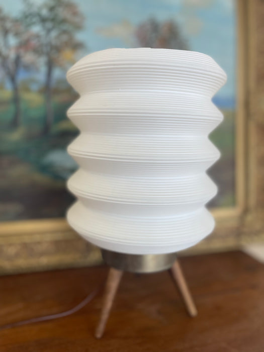 Mid-Century Modern Space-Age White Ribbed Lantern Table Lamp on Wood Tripod Base, Possibly 1960s Scandinavian Design