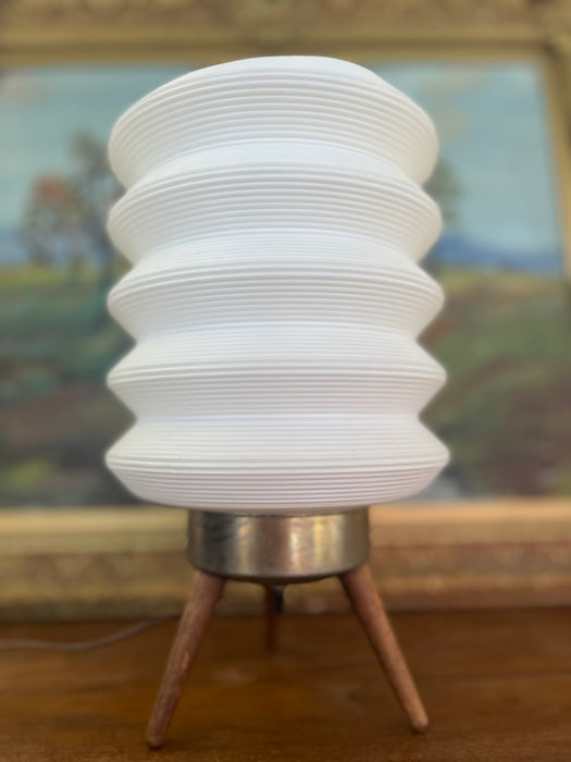 Mid-Century Modern Space-Age White Ribbed Lantern Table Lamp on Wood Tripod Base, Possibly 1960s Scandinavian Design