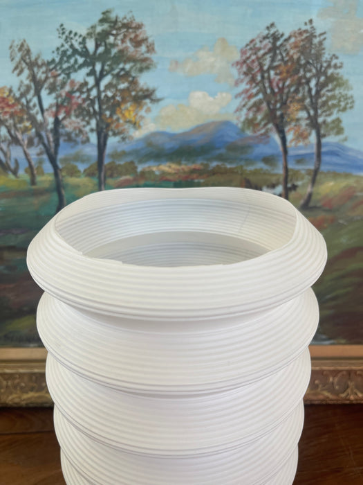 Mid-Century Modern Space-Age White Ribbed Lantern Table Lamp on Wood Tripod Base, Possibly 1960s Scandinavian Design