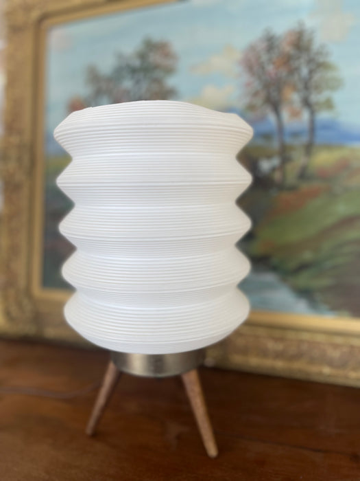 Mid-Century Modern Space-Age White Ribbed Lantern Table Lamp on Wood Tripod Base, Possibly 1960s Scandinavian Design