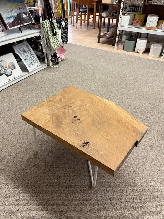 Mid Century Modern Style Coffee Table or Accent Table with Live Edge Solid Wood Top and Hairpin legs