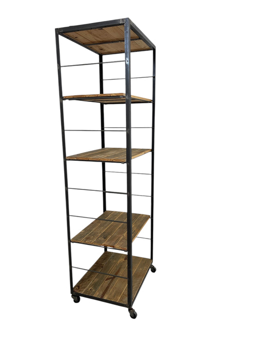 Modern Industrial Tall Bookshelf - Black Metal & Wood Display Shelving Unit
