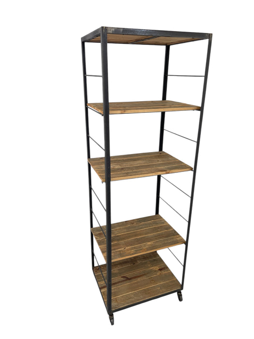 Modern Industrial Tall Bookshelf - Black Metal & Wood Display Shelving Unit