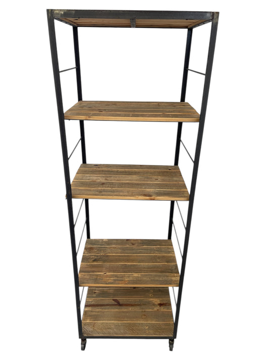Modern Industrial Tall Bookshelf - Black Metal & Wood Display Shelving Unit