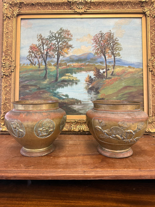 Pair Antique Japanese Art Nouveau Style Brass Vase Planters Pair Floral Brass toned