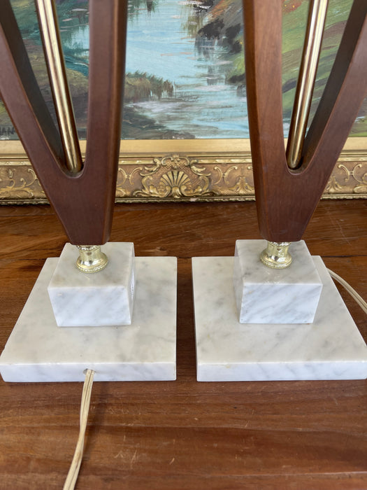 Pair of Mid-Century Modern Sculptural Likely Walnut and Brass Toned Table Lamps with Possibly Carrara Marble Bases