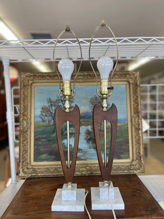 Pair of Mid-Century Modern Sculptural Likely Walnut and Brass Toned Table Lamps with Possibly Carrara Marble Bases