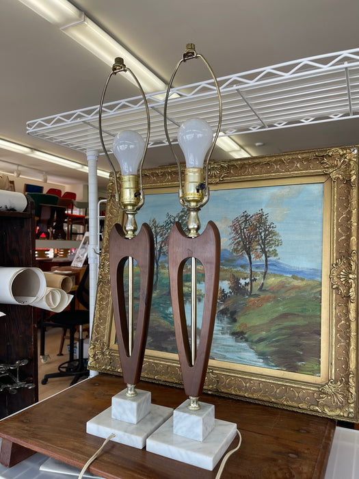 Pair of Mid-Century Modern Sculptural Likely Walnut and Brass Toned Table Lamps with Possibly Carrara Marble Bases