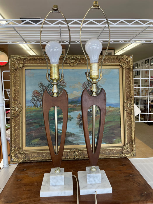 Pair of Mid-Century Modern Sculptural Likely Walnut and Brass Toned Table Lamps with Possibly Carrara Marble Bases