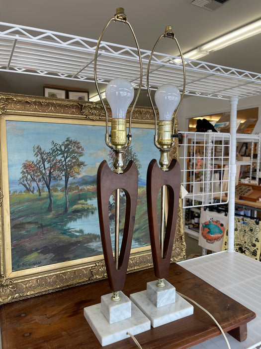 Pair of Mid-Century Modern Sculptural Likely Walnut and Brass Toned Table Lamps with Possibly Carrara Marble Bases