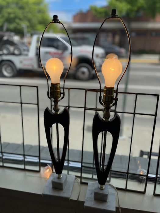 Pair of Mid-Century Modern Sculptural Likely Walnut and Brass Toned Table Lamps with Possibly Carrara Marble Bases