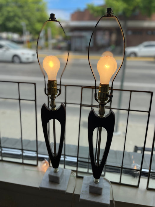 Pair of Mid-Century Modern Sculptural Likely Walnut and Brass Toned Table Lamps with Possibly Carrara Marble Bases
