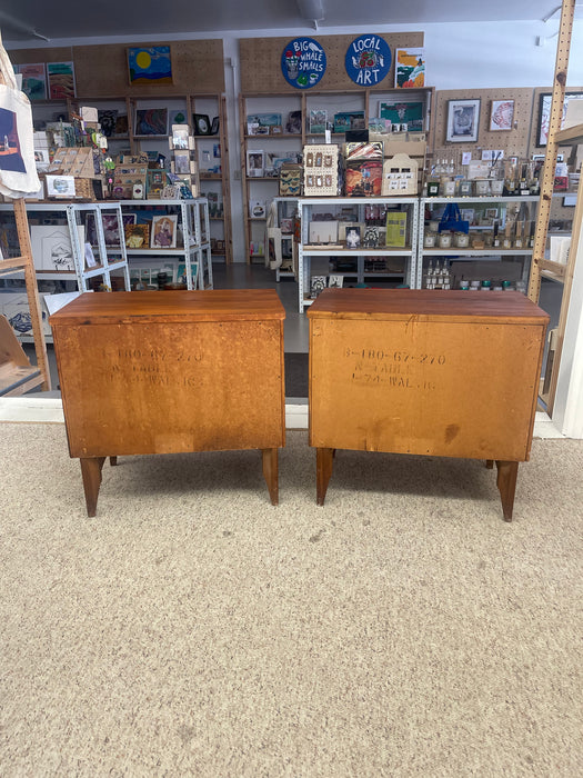 Pair of Mid-Century Modern Walnut Nightstands with Sculpted Fronts and Rosewood Inlaid Detail