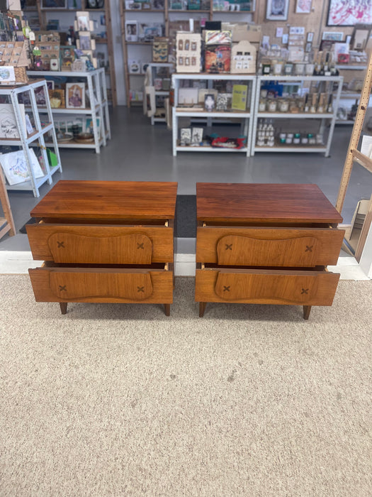 Pair of Mid-Century Modern Walnut Nightstands with Sculpted Fronts and Rosewood Inlaid Detail
