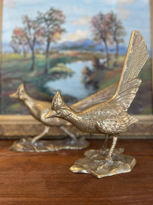 Pair of Mid-Century Solid Brass Toned Roadrunner Sculptures with Textured Detailing