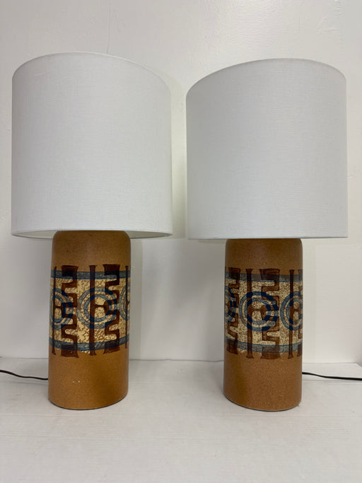 Pair of Vintage Ceramic Lamps by Elspeth Cohen for Lapid Pottery Mid Century Modern Studio Pottery Style - Hand Painted