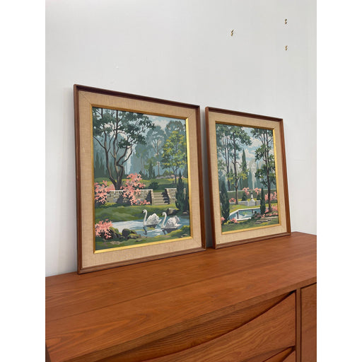 Pair of Vintage Framed and Signed Original Painting of Garden Scapes