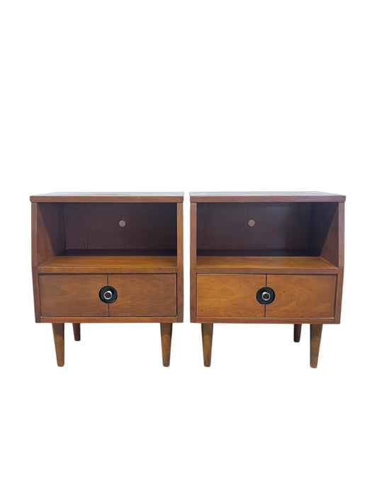 Pair of Vintage Mid-Century Nightstands - Open Shelf & Drawer, Atomic Round Pulls