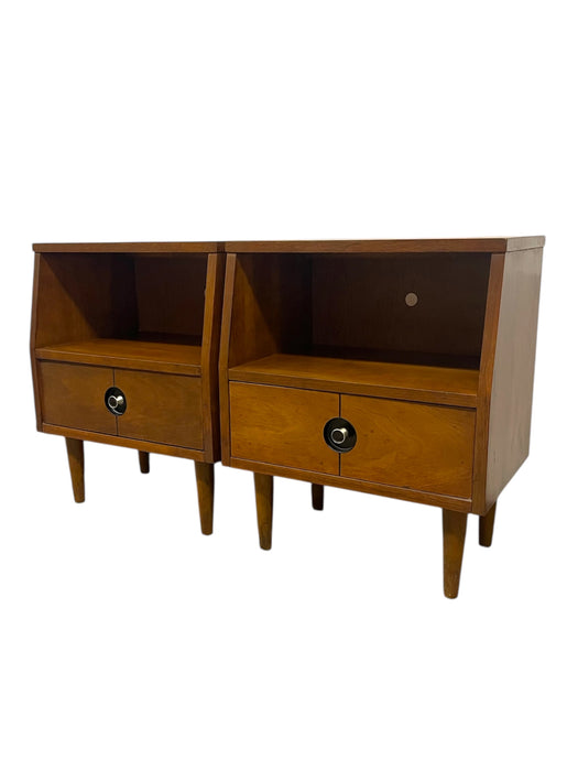 Pair of Vintage Mid-Century Nightstands - Open Shelf & Drawer, Atomic Round Pulls