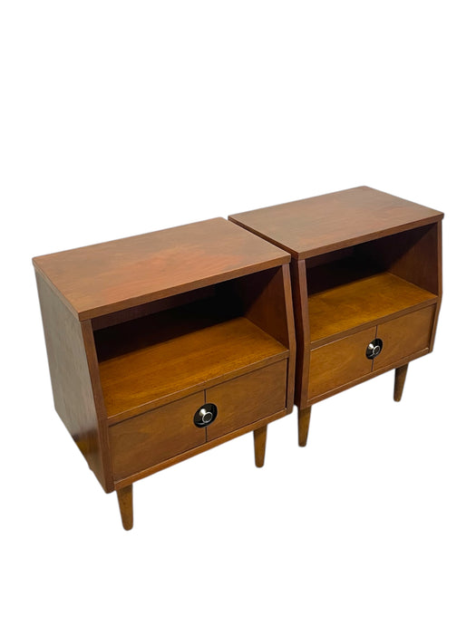 Pair of Vintage Mid-Century Nightstands - Open Shelf & Drawer, Atomic Round Pulls