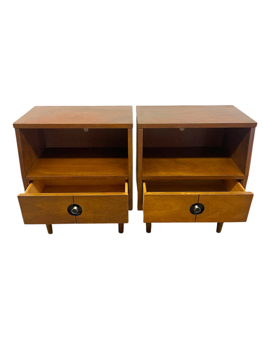 Pair of Vintage Mid-Century Nightstands - Open Shelf & Drawer, Atomic Round Pulls