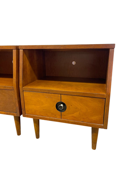 Pair of Vintage Mid-Century Nightstands - Open Shelf & Drawer, Atomic Round Pulls