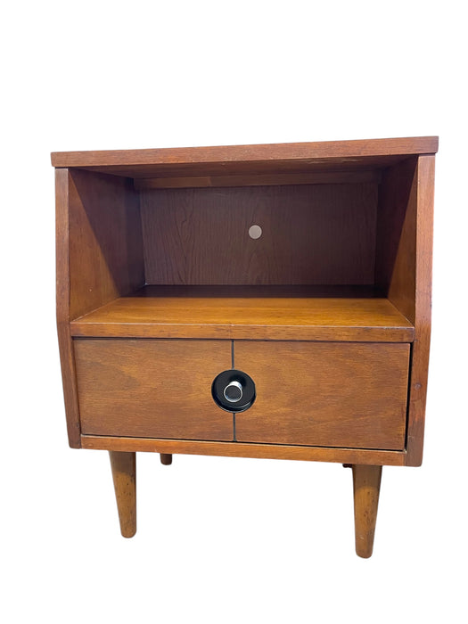 Pair of Vintage Mid-Century Nightstands - Open Shelf & Drawer, Atomic Round Pulls