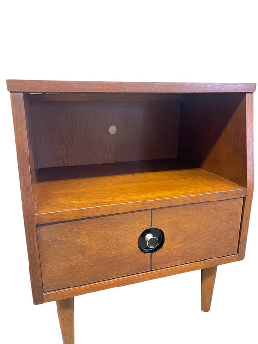 Pair of Vintage Mid-Century Nightstands - Open Shelf & Drawer, Atomic Round Pulls