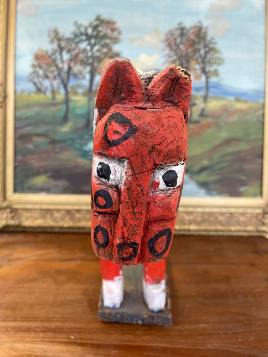 Primitive American Folk Art Painted Wood Horse Sculpture in Red and White with Black Circle Motif