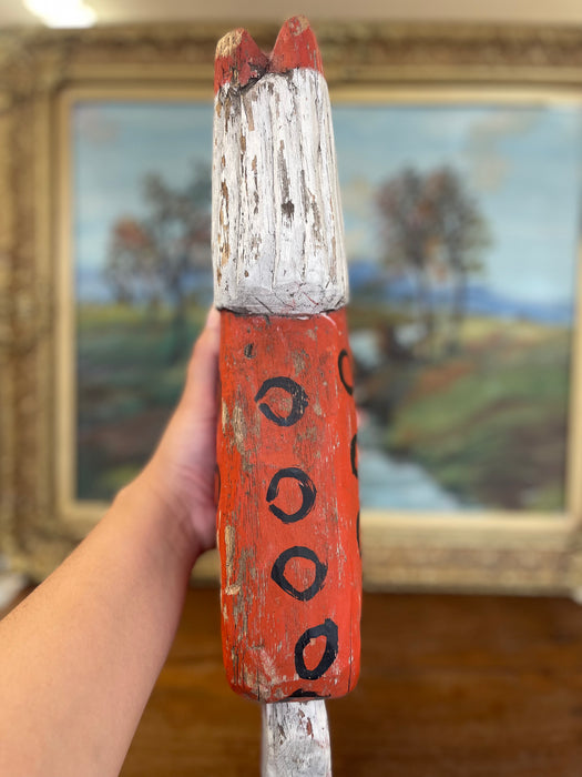 Primitive American Folk Art Painted Wood Horse Sculpture in Red and White with Black Circle Motif