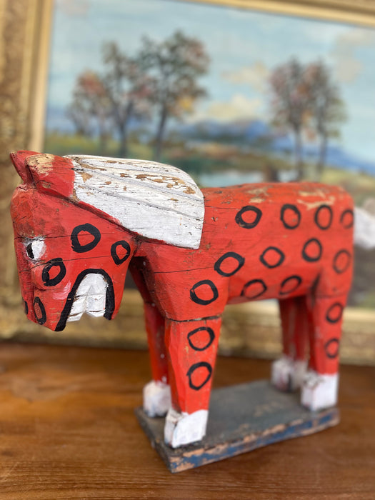 Primitive American Folk Art Painted Wood Horse Sculpture in Red and White with Black Circle Motif