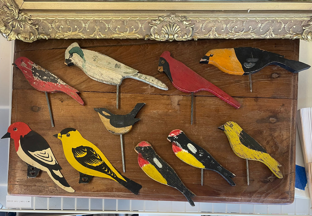 Set of 10 Mid-20th Century Hand-Painted Folk Art Mostly Wooden Bird Silhouettes on Metal Rods